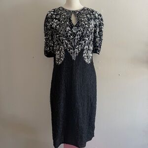 Elegant Black and Silver Embellished Beaded Vintage Silk Dress